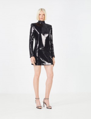 BCBGMAXAZRIA Celestina Sequin Turtleneck Kısa Elbise Siyah | TNN46723