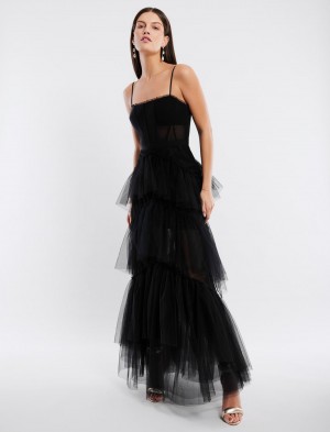 BCBGMAXAZRIA Oly Tiered Ruffle Tulle Evening Gown Uzun Elbise Siyah | TRK21575