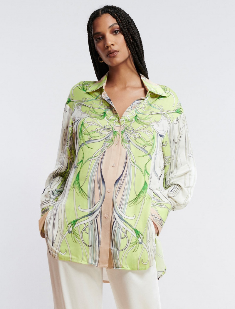 BCBGMAXAZRIA Button-Up Printed Üstler Yeşil | ULI29406