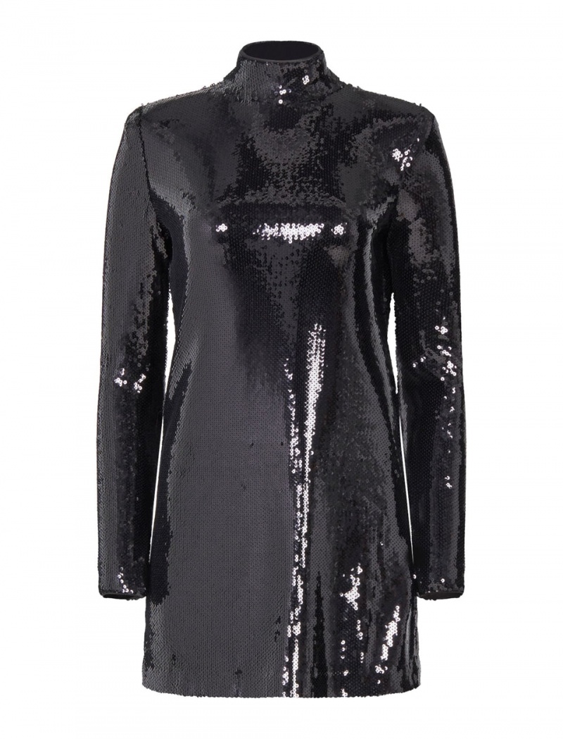 BCBGMAXAZRIA Celestina Sequin Turtleneck Kısa Elbise Siyah | TNN46723