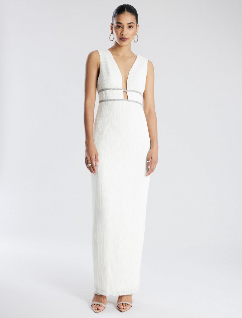 BCBGMAXAZRIA Clara Pileli Gown Uzun Elbise Beyaz | KWL38217