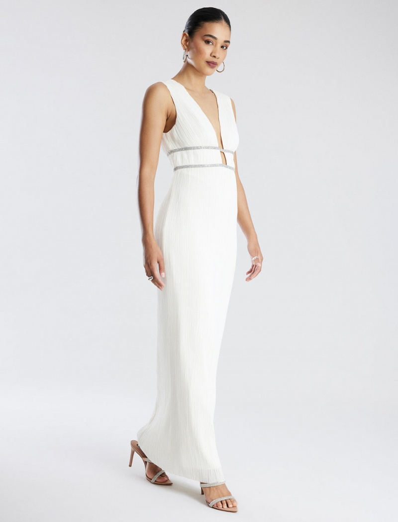 BCBGMAXAZRIA Clara Pileli Gown Uzun Elbise Beyaz | KWL38217