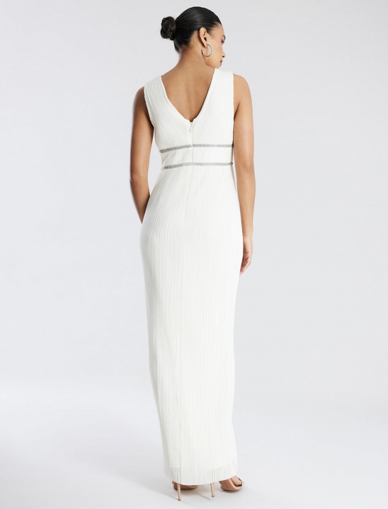 BCBGMAXAZRIA Clara Pileli Gown Uzun Elbise Beyaz | KWL38217