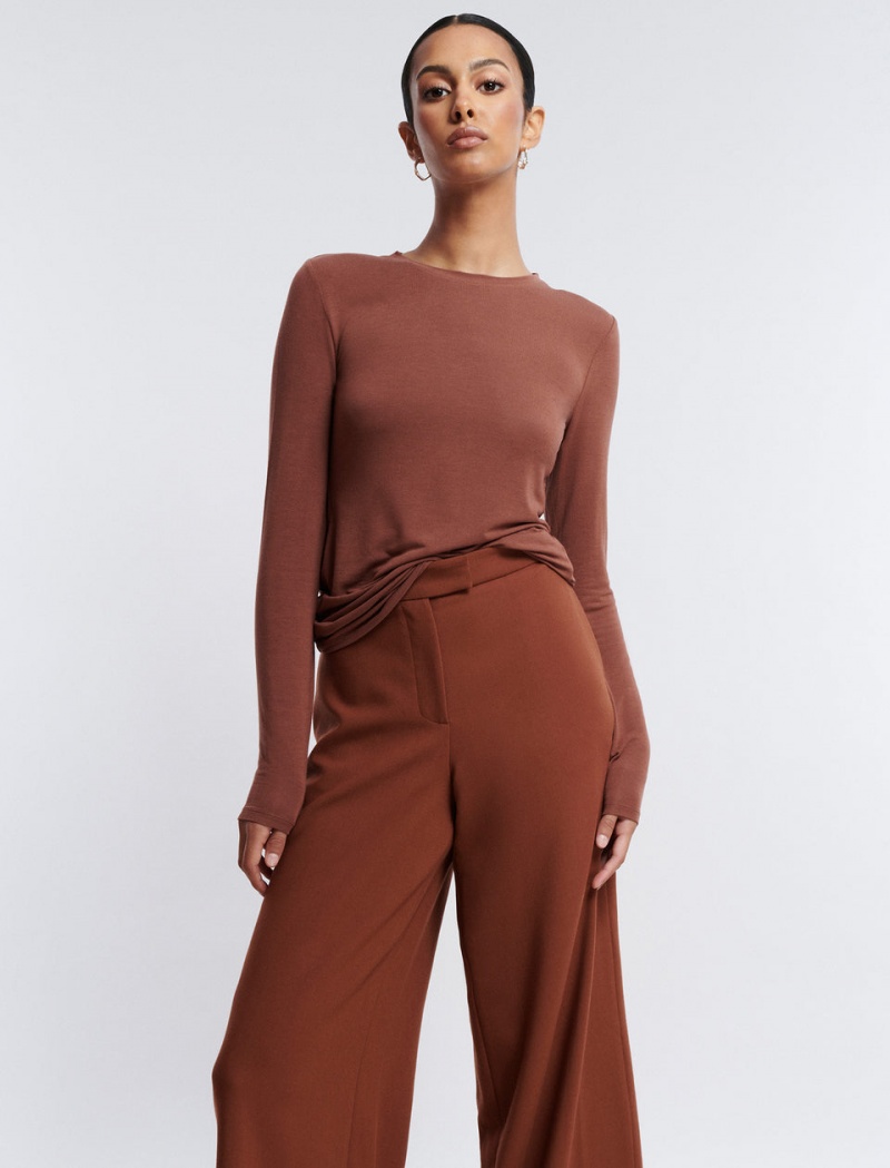 BCBGMAXAZRIA Crew Neck Long Sleeve Üstler Kahverengi | XNO99893