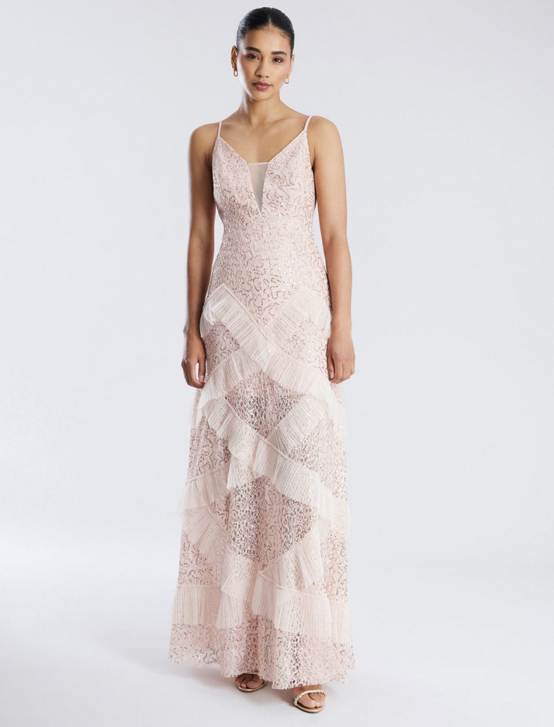 BCBGMAXAZRIA Isla Beaded Illusion Ruffle Gown Uzun Elbise Bej Rengi | VPX33003