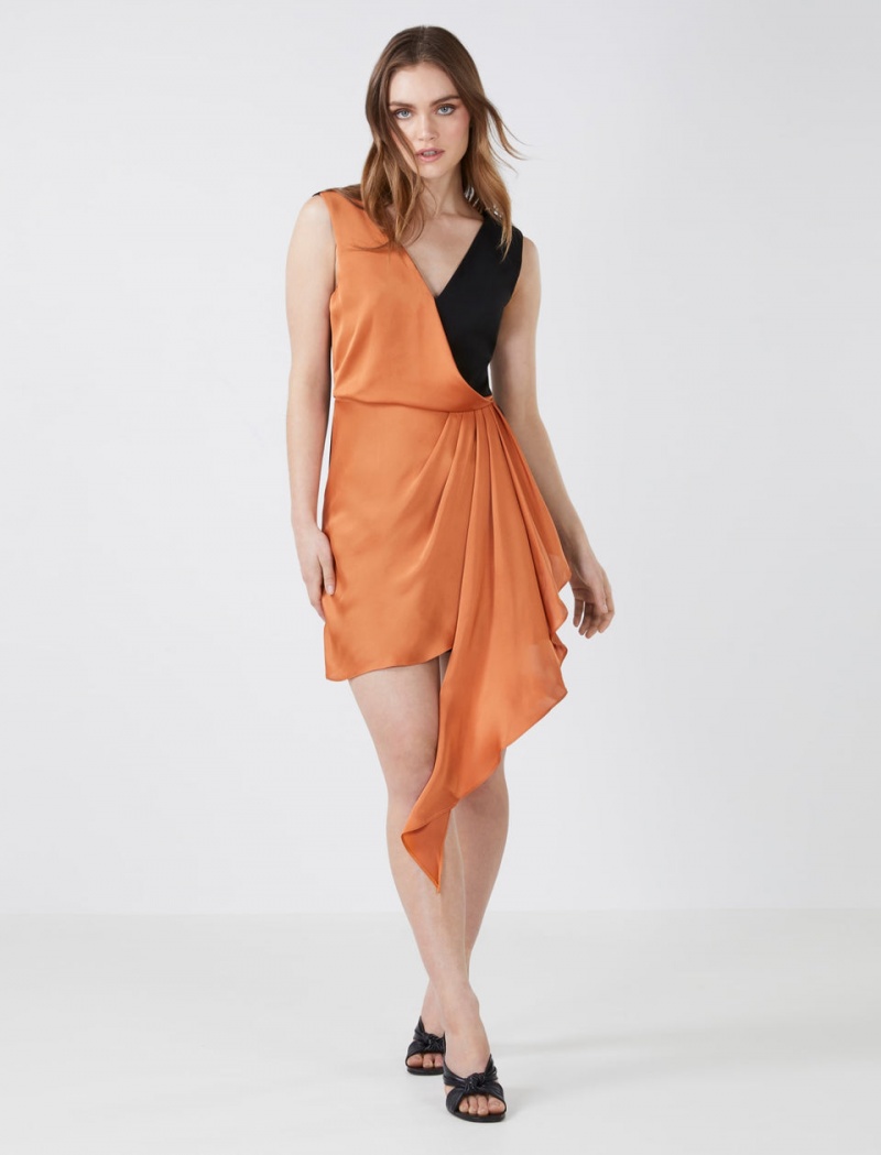 BCBGMAXAZRIA Josephine Colorblock Drape Kısa Elbise Kahverengi | OPD74277