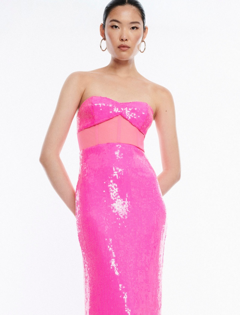 BCBGMAXAZRIA Juno Strapless Bustier Sequin Gown Uzun Elbise Küpe Çiçeği | AES48790