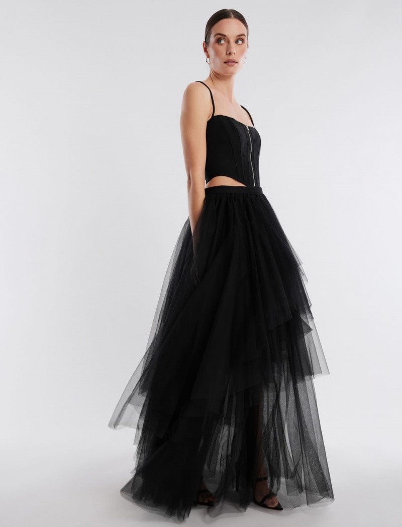 BCBGMAXAZRIA Layered Ruffle Tulle Etek Siyah | PBV26664