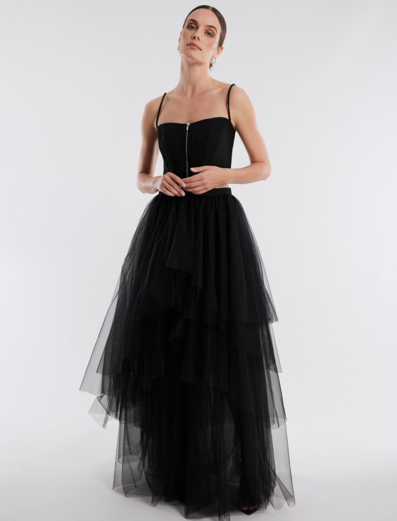 BCBGMAXAZRIA Layered Ruffle Tulle Etek Siyah | PBV26664