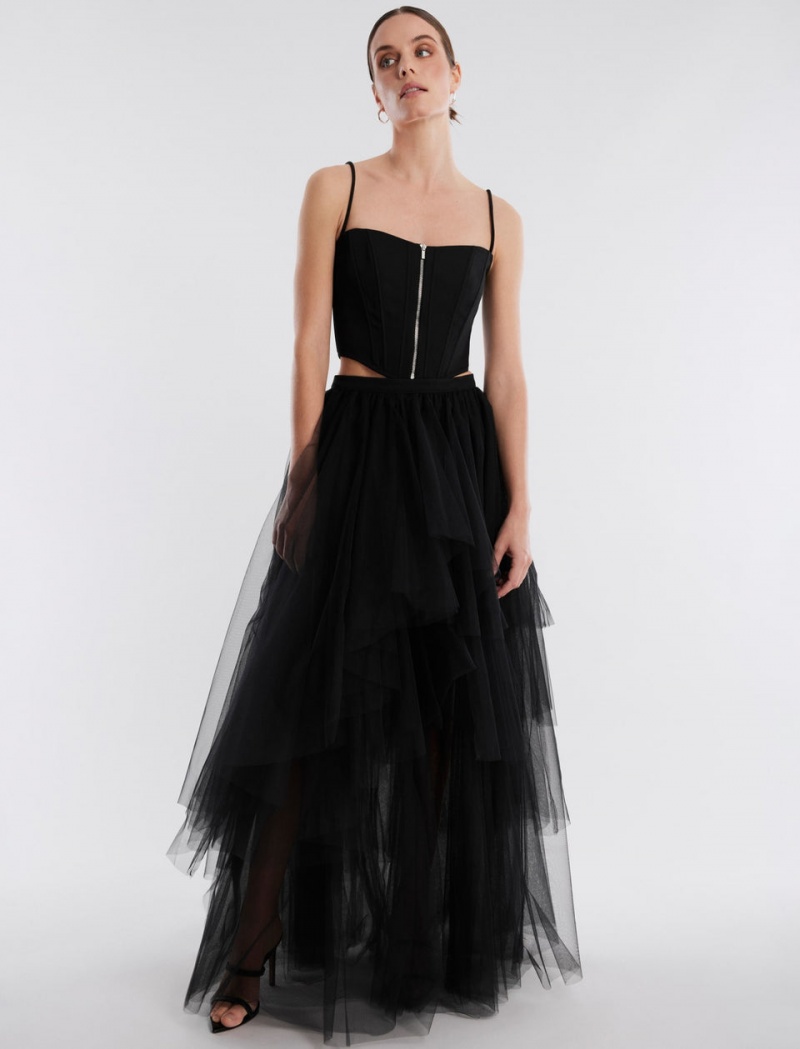 BCBGMAXAZRIA Layered Ruffle Tulle Etek Siyah | PBV26664