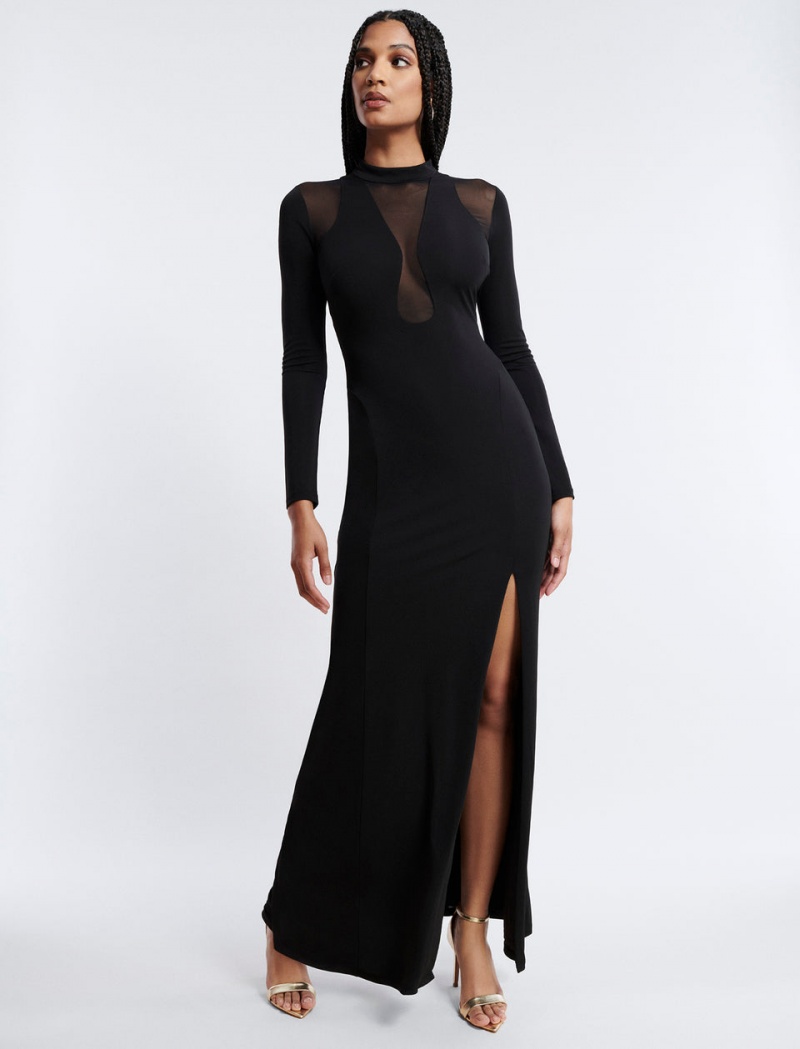 BCBGMAXAZRIA Marlo Mock Neck Illusion Gown Uzun Elbise Siyah | WIZ57559