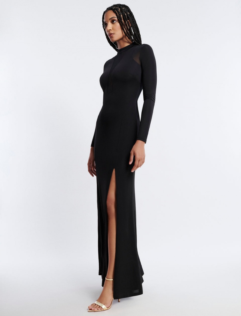 BCBGMAXAZRIA Marlo Mock Neck Illusion Gown Uzun Elbise Siyah | WIZ57559