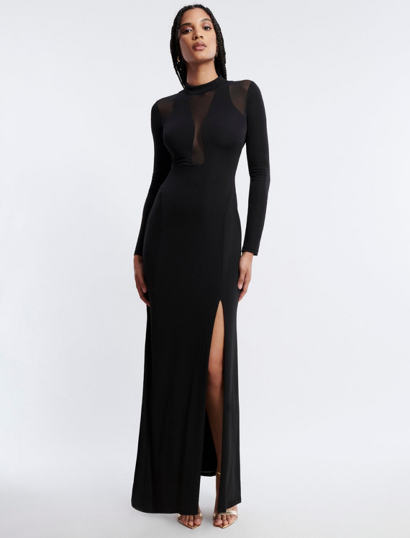 BCBGMAXAZRIA Marlo Mock Neck Illusion Gown Uzun Elbise Siyah | WIZ57559