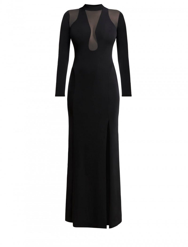 BCBGMAXAZRIA Marlo Mock Neck Illusion Gown Uzun Elbise Siyah | WIZ57559