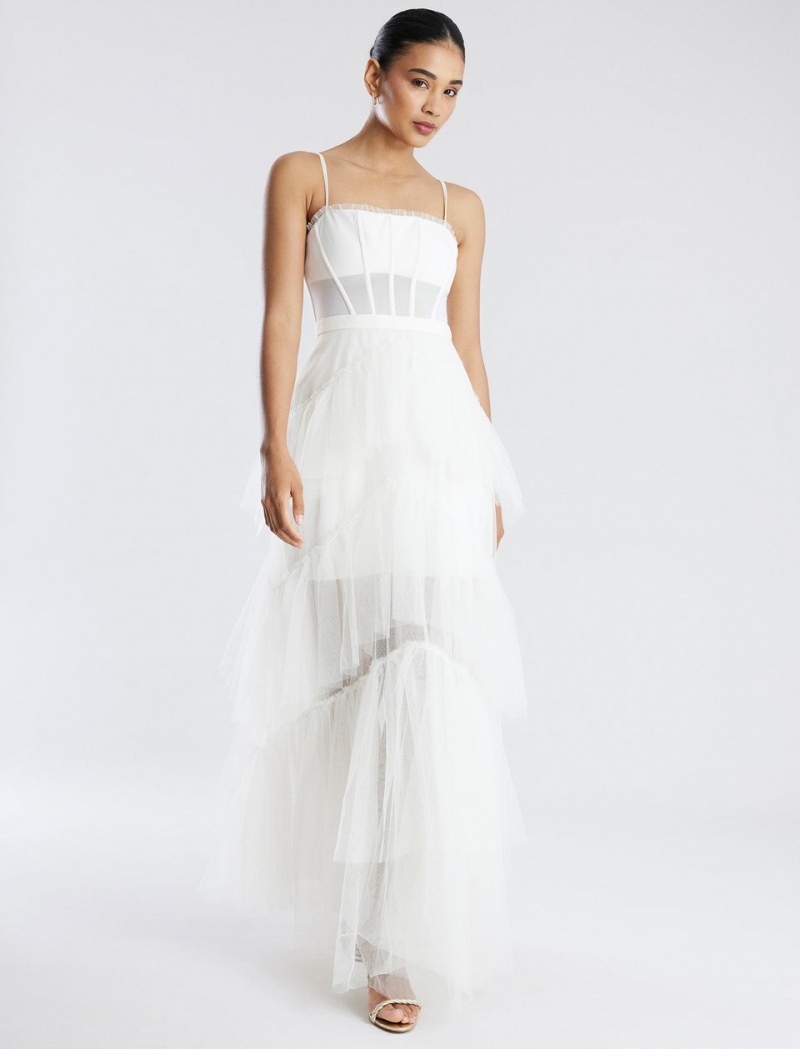 BCBGMAXAZRIA Oly Tiered Ruffle Tulle Evening Gown Uzun Elbise Beyaz | SHQ77517