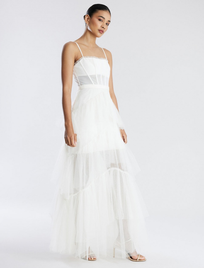 BCBGMAXAZRIA Oly Tiered Ruffle Tulle Evening Gown Uzun Elbise Beyaz | SHQ77517