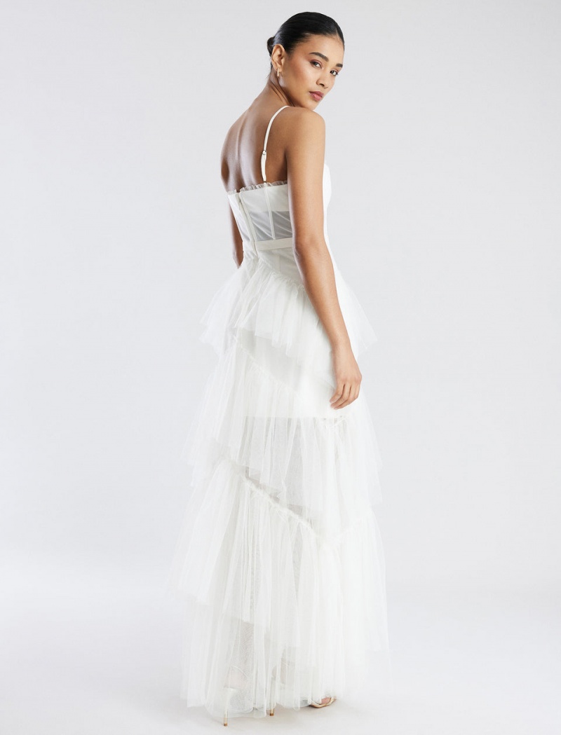 BCBGMAXAZRIA Oly Tiered Ruffle Tulle Evening Gown Uzun Elbise Beyaz | SHQ77517