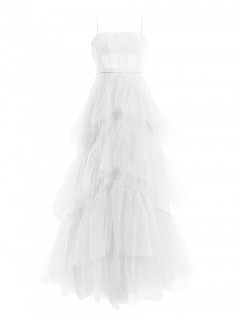 BCBGMAXAZRIA Oly Tiered Ruffle Tulle Evening Gown Uzun Elbise Beyaz | SHQ77517