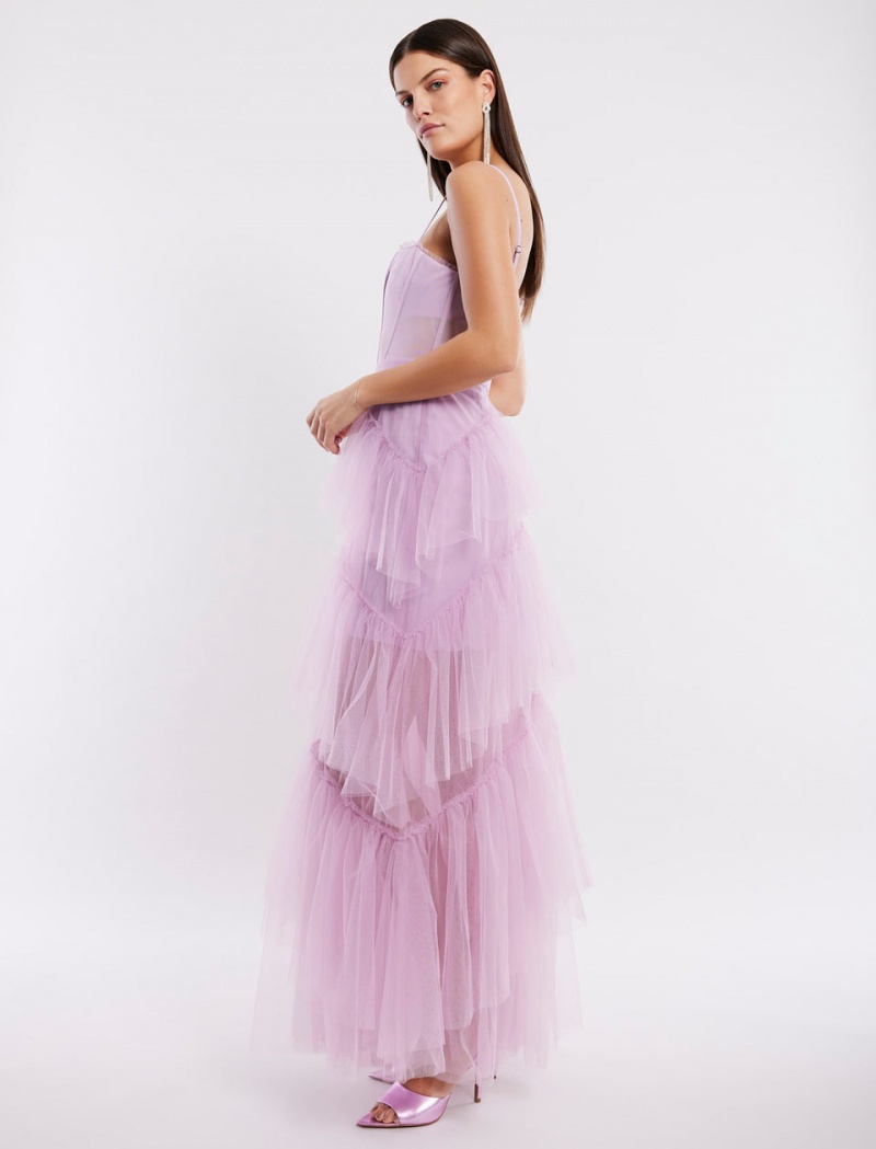 BCBGMAXAZRIA Oly Tiered Ruffle Tulle Evening Gown Uzun Elbise Mor | RCT55375