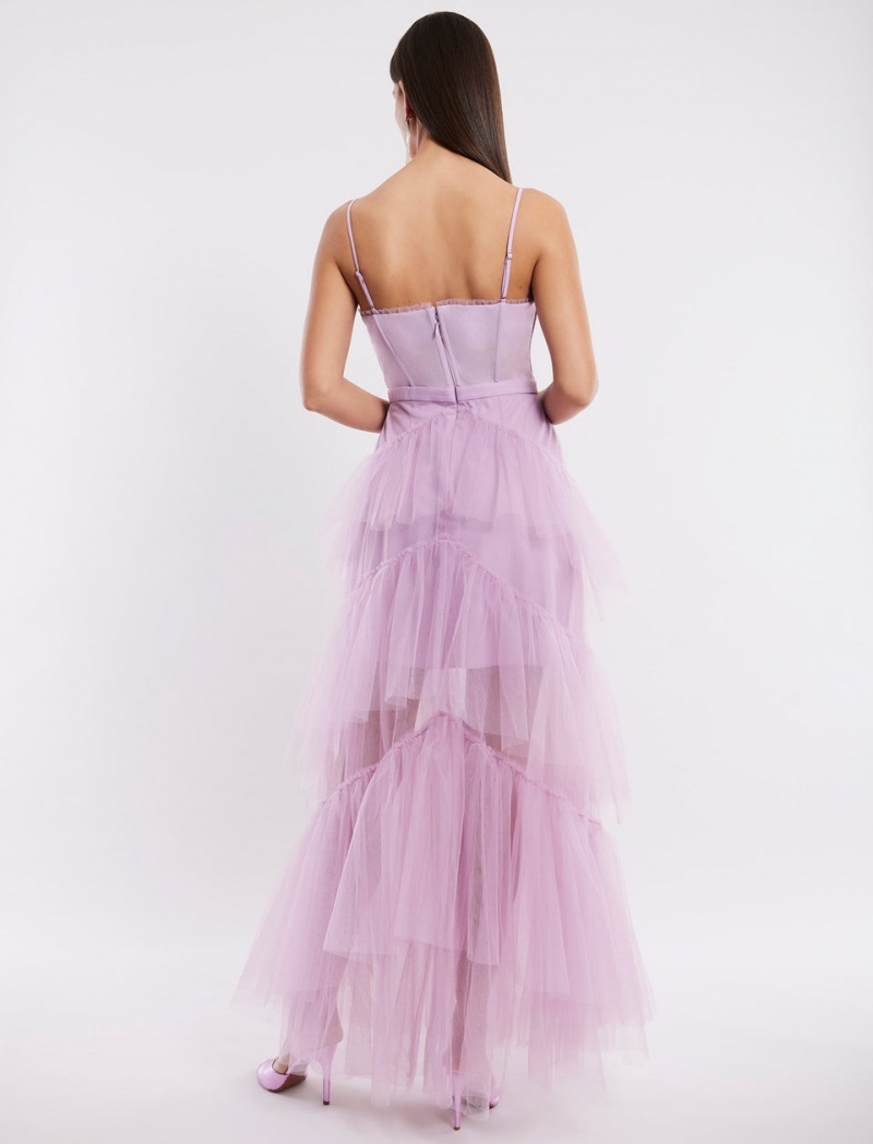 BCBGMAXAZRIA Oly Tiered Ruffle Tulle Evening Gown Uzun Elbise Mor | RCT55375