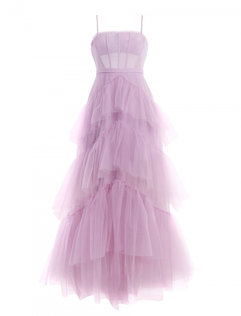 BCBGMAXAZRIA Oly Tiered Ruffle Tulle Evening Gown Uzun Elbise Mor | RCT55375