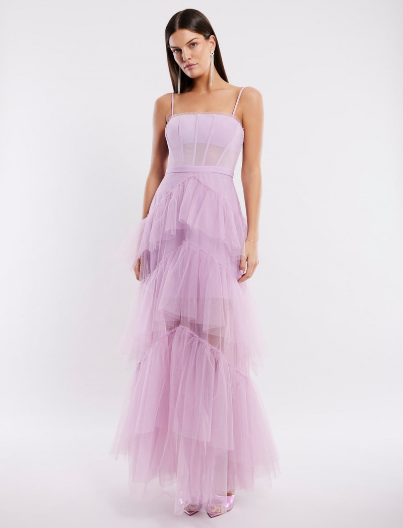 BCBGMAXAZRIA Oly Tiered Ruffle Tulle Evening Gown Uzun Elbise Mor | RCT55375