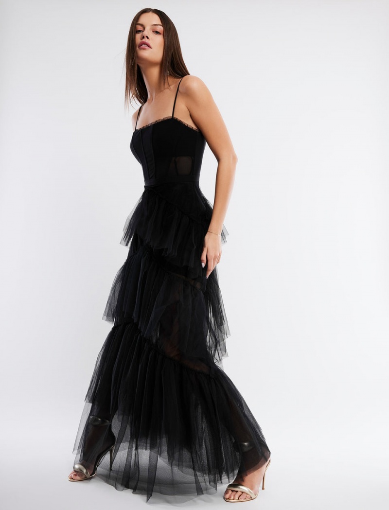 BCBGMAXAZRIA Oly Tiered Ruffle Tulle Evening Gown Uzun Elbise Siyah | TRK21575