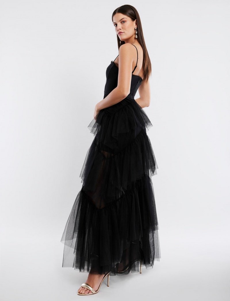 BCBGMAXAZRIA Oly Tiered Ruffle Tulle Evening Gown Uzun Elbise Siyah | TRK21575