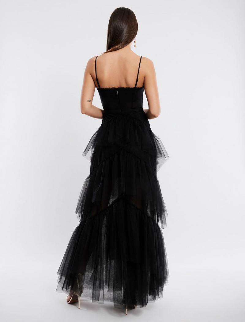 BCBGMAXAZRIA Oly Tiered Ruffle Tulle Evening Gown Uzun Elbise Siyah | TRK21575